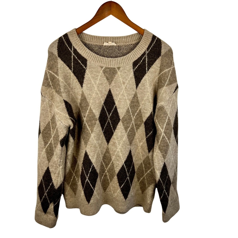 Mystree Mens Argyle Sweater Large Crewneck Tan Brown Knit Academia Preppy Chunky